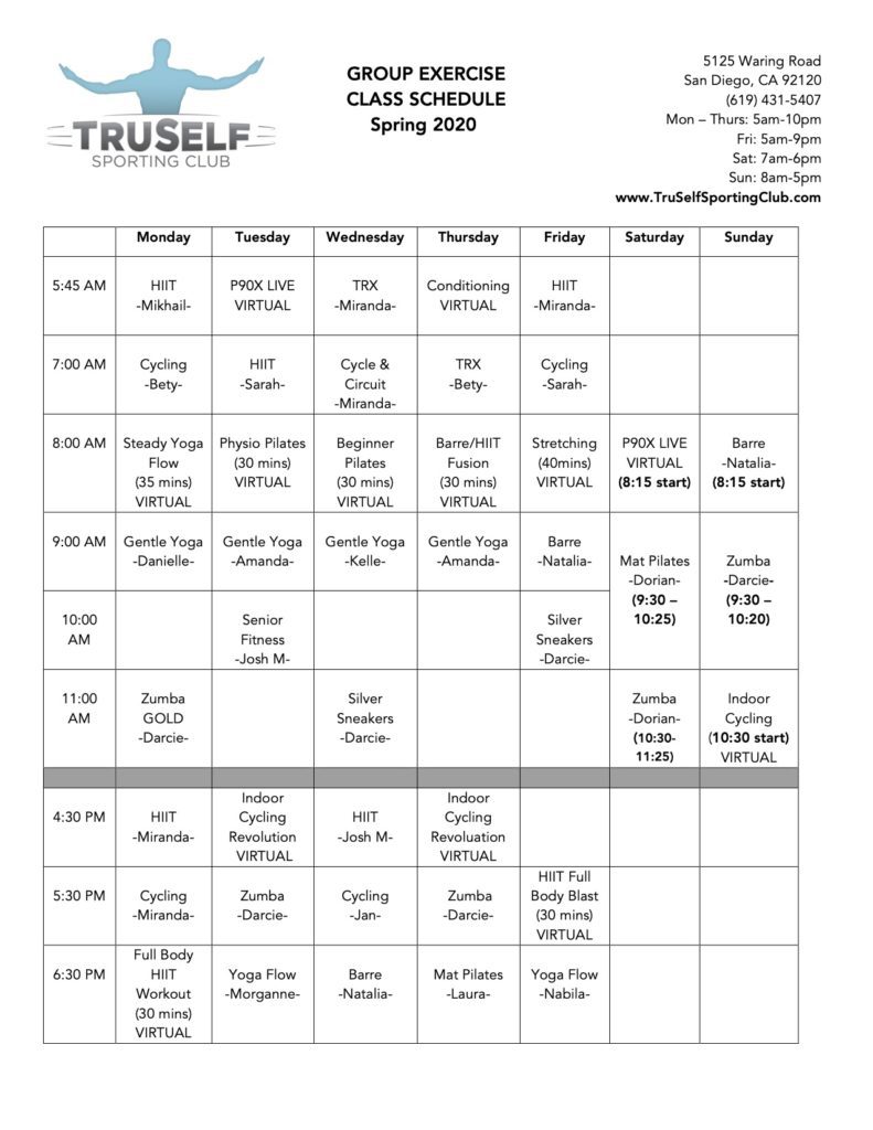 Class Schedule TruSelf Sporting Club