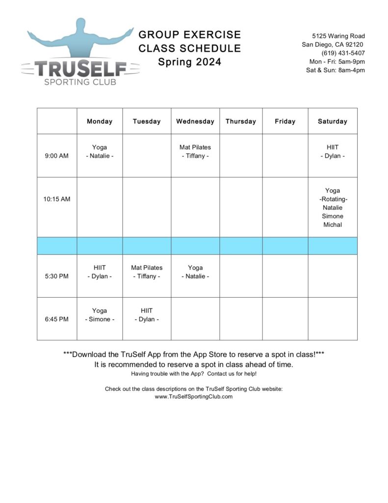 TruSelf Sporting Club Group Exercise Class Schedule 2024