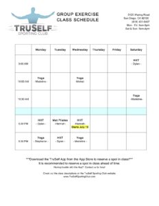 TruSelf Sporting Club Group Exercise Class schedule San Diego